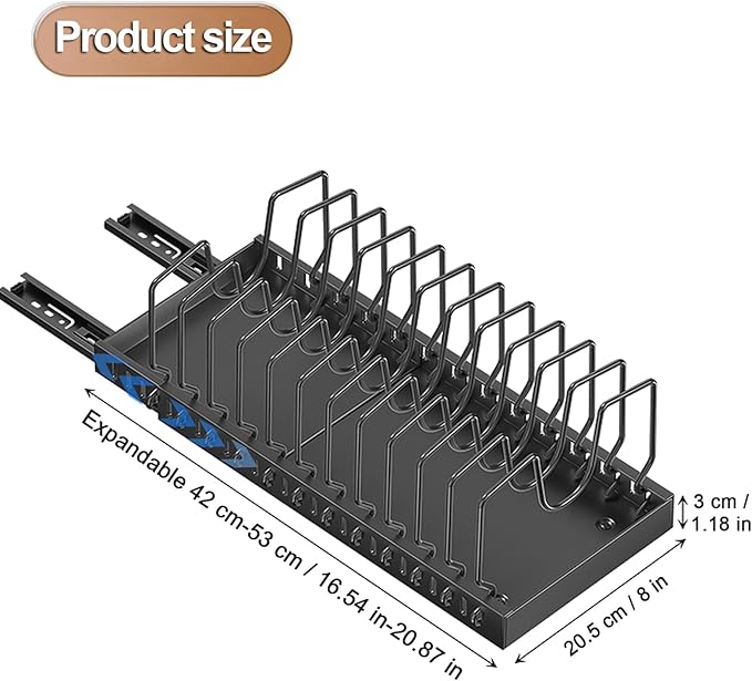 2 Pack Expandable Pots and Pans Organizer Under Cabinet, Sliding Pot Lid Holder and Pan Rack in Kitchen, Pull out Kitchen Cabinet Storage, with 10 Adjustable Dividers