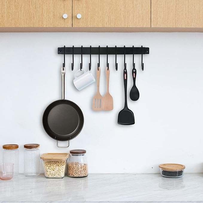 Joben Oligey Utensil Holder, Kitchen Rail With 10 Hooks, Pots and Pans Organizer Hanger, Wall Mounted Wrought Iron Hanging Black 17 Inch for Coffee Mug Rack Cup Hanging, Set of 2