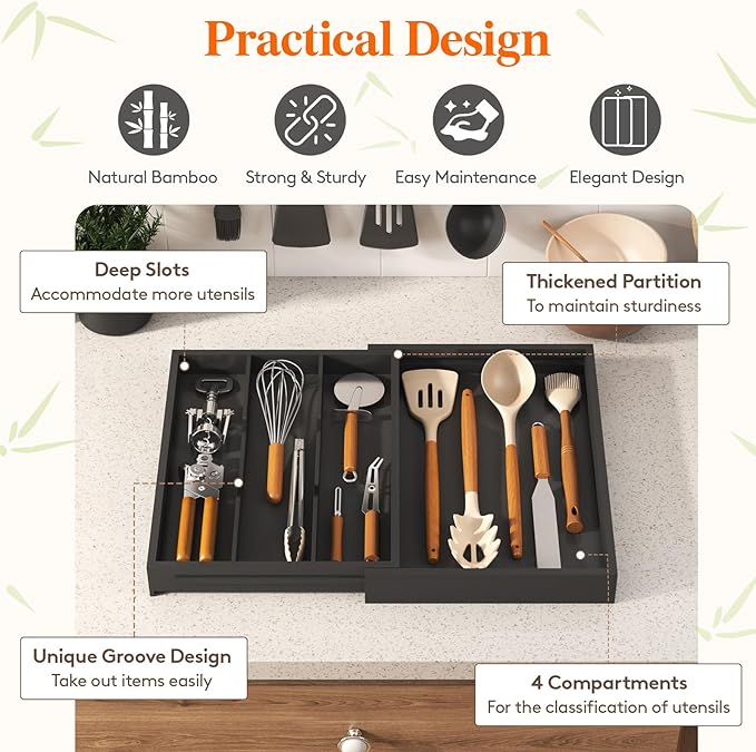 Lifewit Utensil Drawer Organizer, Expendable Cooking Silverware Tray for Kitchen Drawer, Bamboo Adjustable Cutlery Flatware Holder, Spatula Tools and Gadgets Storage Divider, 4 Compartments, Black