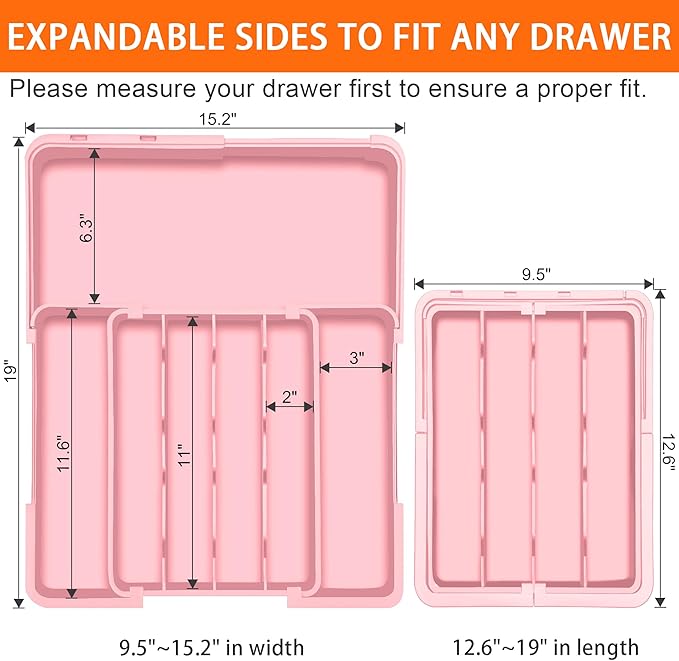 Silverware Organizer Expandable Silverware Drawer Organizer Adjustable Drawer Organizer, Flatware Cutlery Tray for Spoons Forks Knives Kitchen Organizers Storage,Pink