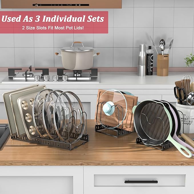 X-cosrack 15 Adjustable Dividers Pot and Pan Organizer Rack, 7"D x 32"W x 7.1"H, 3 in 1, Expandable Lid Bakeware Cupboard Rack Holder for Kitchen Cabinet Pantry Countertop, Black (Patent Pending)