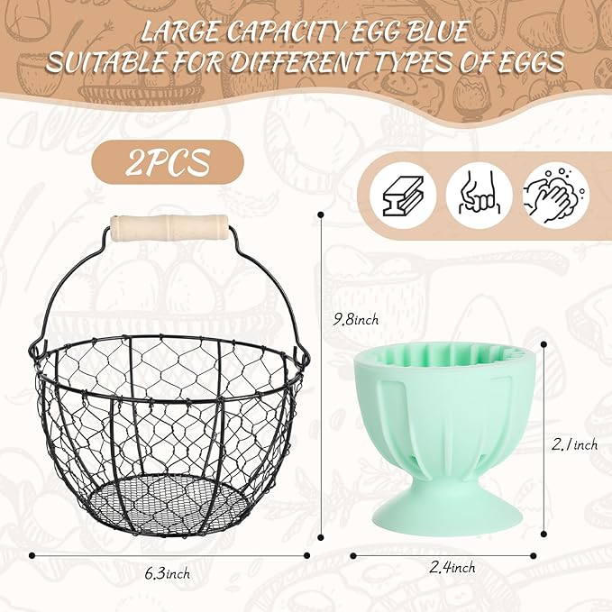 2 Pcs Egg Basket With Handle,Wire Egg Basket for Gathering Fresh Eggs, Round Egg Collecting Basket for Farm,Vintage Style Chicken and Duck Eggs Basket Egg Countertop Storage Container Holder