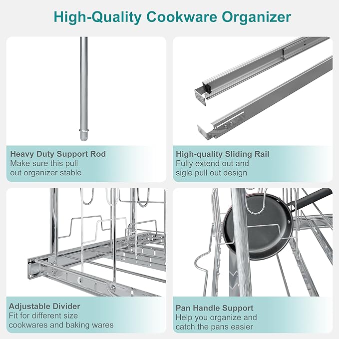 TQVAI Pots and Pans Organizer Expandable Pot Lid Holder Pull Out Kitchen Cabinet Organizer Sliding Pantry Shelves, Cabinet Request at Least 23.5" W x 23.5" D x 23.5" H, Chrome