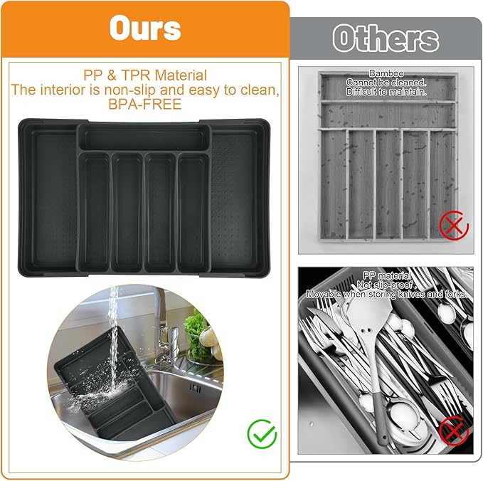Expandable Silverware Drawer Organizer, Adjustable Kitchen Utensil Tray, Cutlery Flatware Organizer for Forks, Spoons, Knives (Large, Grey)