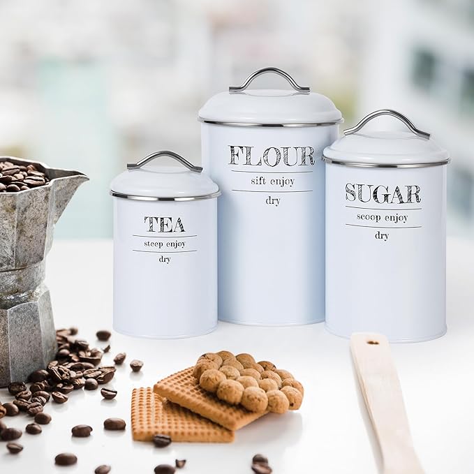 GarveeHome 3 Pcs Flour Sugar Tea Canister Set, Vintage Food Sealed Storage Jars with Airtight Lids, Rustic Metal Kitchen Canisters Set for Flour, Sugar, Tea, for Countertop Farmhouse Decor, White