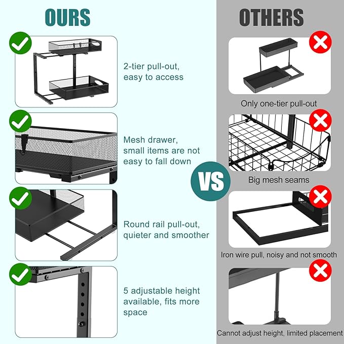 1 Pack Large Under Sink Organizer, 2 Tier Metal Pull Out Under Sink Storage with Sliding Mesh Drawers, Height Adjustable Slide Out Under Cabinet Organizer for Kitchen Bathroom, Black
