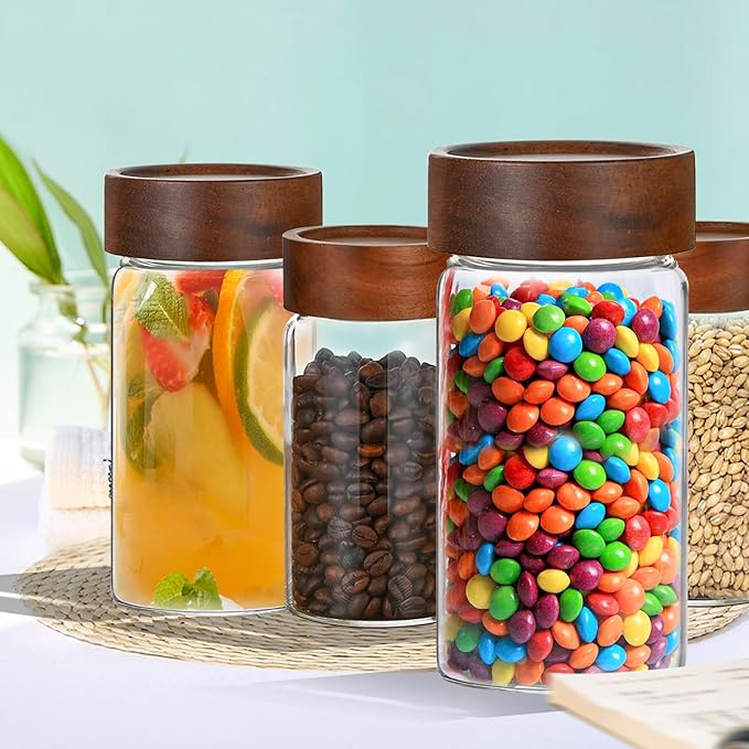 27oz Glass Storage Jars with Airtight Wooden Screw Lid, Set of 2,Coffee Sugar Container Set with Wooden Lid, and 4pack Stainless Steel Measuring Spoons,for Beans, Oatmeal, Sugar and etc