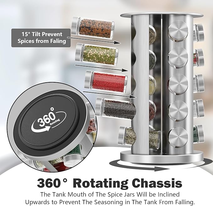 Rotating Spice Rack Organizer, Spice Tower for Countertop, Revolving Spice Rack Set for Cabinet, Silver Steel Kitchen Seasoning Organizer with 20 Jars and Funnel