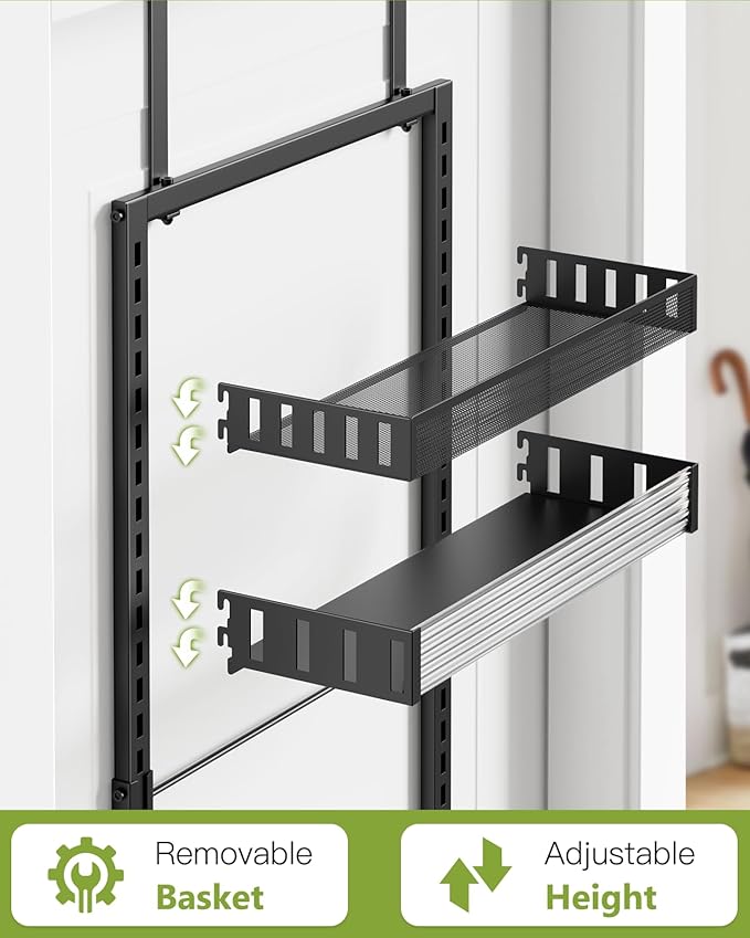 8-Tier Over the Door Pantry Organizer, 2 in 1 Large Door Spice Rack with Adjustable Metal Baskets, Heavy Duty Hanging or Wall Mounted Storage Organizer for Kitchen Pantry and Room Wall