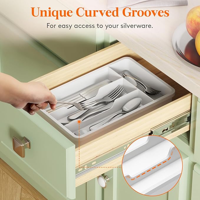 Lifewit Silverware Tray, Cutlery Drawer Organizer Storage for Kitchen, Plastic Flatware Utensil Holder Divider for Spoons Forks Knives Tableware, 4 Compartment, White
