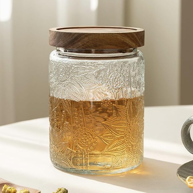 Vintage Glass Jar, 23.7 FL OZ Glass Food Storage Container, Decortive Glass Jar with Airtight Lid, Cookie Jar Sugar Container for Kitchen Counter Holds Coffee, Tea, Sugar or Bath Salts (Sunflower)