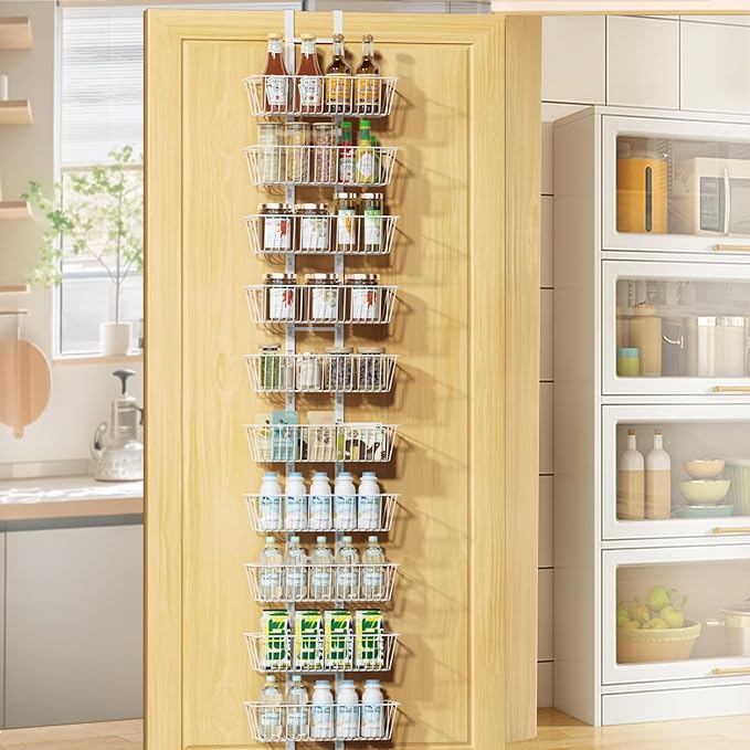 10 Tier Over the Door Pantry Organizer, Over the Door Spice Rack with Adjustable Baskets, Metal Hanging Door Pantry Organizers and Storage for Kitchen Bathroom Bedroom, White
