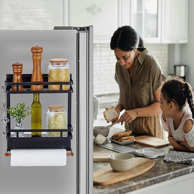 Magnetic Spice Rack for Refrigerator, Magnetic Shelf for Fridge Magnet Organizer Moveable Magnetic Paper Towel Holder with 8 Hooks for Kitchen Oven Space Saving (Black)