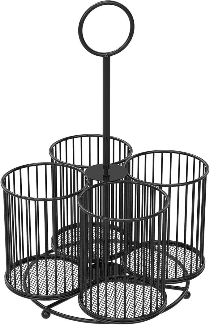 360° Rotating Countertop Utensil Caddy - 4-Compartment Metal Cutlery Holder with Handle - Multipurpose for Kitchen, Picnic, Camping, Office - 6.3x6.3x11 In- Black