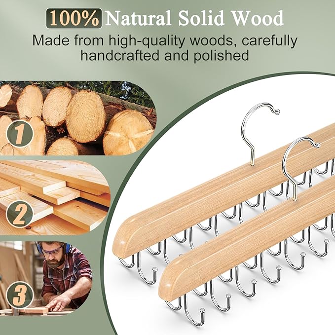 2 Pack Bra Hangers for Closet Organizer, Round Rectangle Bra Organizer with 40 Stainless Steel Hooks, Wooden Tank Top Hanger, Closet Organizers and Storage for Bras Camis Belts Ties, Natural