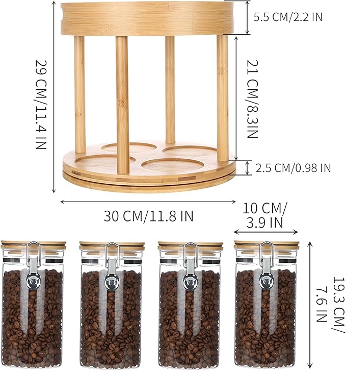 KKC HOME ACCENTS Coffee Tea Bar Accessories Organizer for Countertop,Coffee Bar Lazy Susan Organizer with 4 Airtight Glass Canisters for Countertop,2 Tier,Bamboo