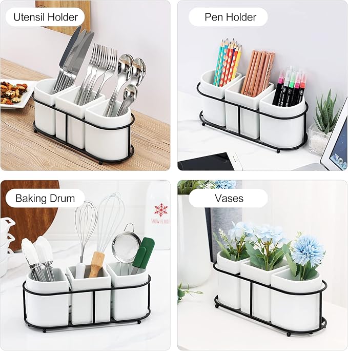 3 Piece Porcelain Flatware Holder Caddy with Metal Rack, Utensil Holder Caddy For Spoons, Knives and Forks Cutlery Organizer