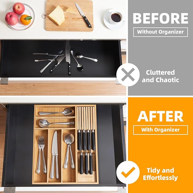 Small-Bamboo-Silverware-Drawer-Organizer, Expandable Utensil Kitchen Cutlery Tray Flatware Organization Adjustable Wood Tableware Dividers Storage (with Removable Knife Block)(Natural)
