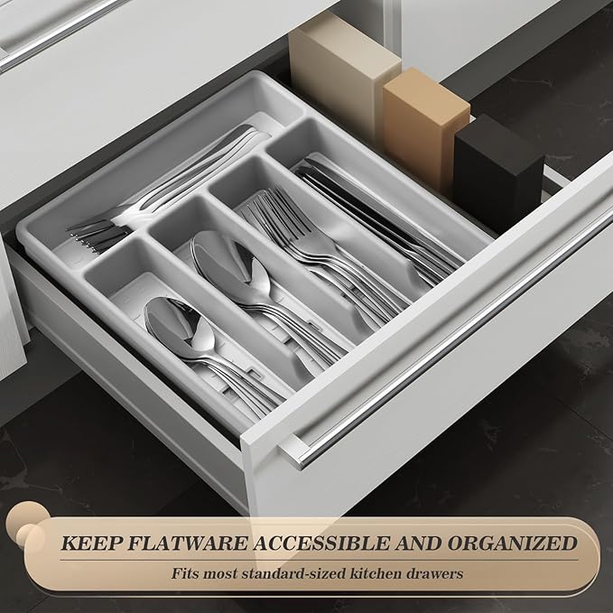 20-Piece Silverware Set with Organizer,Heavy Duty Stainless Steel Flatware Cutlery Tableware Set for 4,Includes 5-Compartment Silverware Tray with Cutlery Icons,First Apartment Kitchen Essentials
