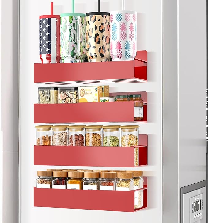 Magnetic Spice Rack Organizer for Fridge Seasoning Organizer for Kitchen storage with Screw or Adhesive Hanging,Magnetic Shelf with Hook for Refrigerator and Oven (Red, 4pack)