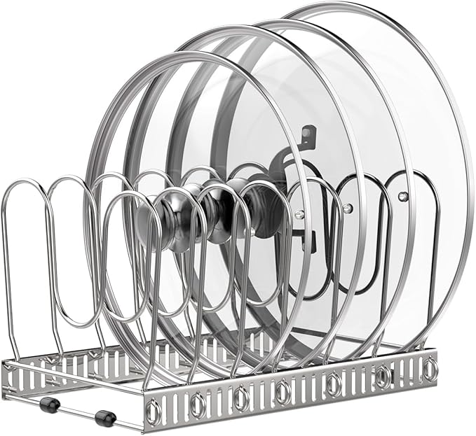 Pot and Pan Organizer Rack for Cabinet, Pot Lid Organizer with 7 Adjustable Dividers, Pan Holder Storage Rack for Kitchen Cabinet, Silver