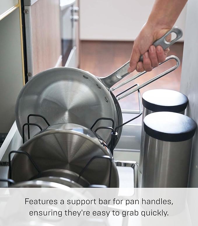 Yamazaki Home Adjustable Lid & Pan Organizer - Kitchen Drawer Storage Shelf Rack Steel One Size Black