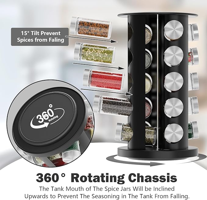 Rotating Spice Rack Organizer, Spice Tower for Countertop, Revolving Spice Rack Set for Cabinet, Black Steel Kitchen Seasoning Organizer with 20 Jars and Funnel