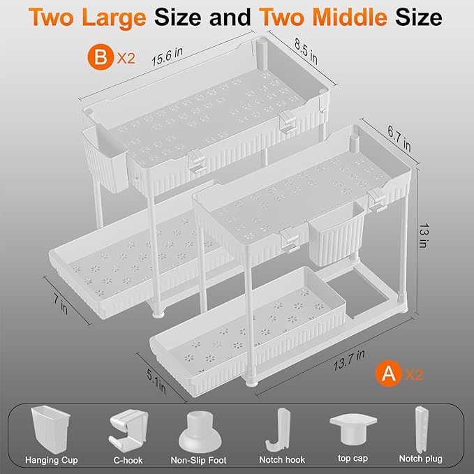 4-Pack Under Sink Organizer, 2-Tier Multi-Use Pull Out Kitchen Bathroom Organizers and Storage with Sliding Drawer, Cabinet Organizer with 2 Hanging Cups and Multi-type Hooks (White)