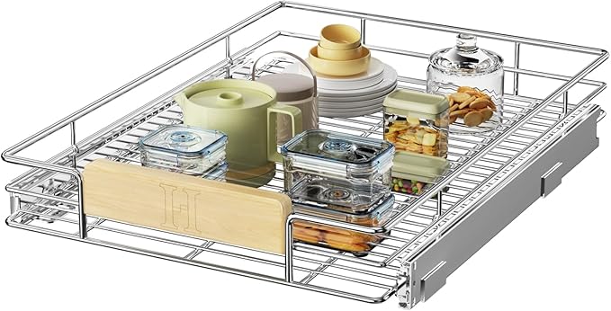 LOVMOR Pull Out Cabinet Organizer with Wooden Handle, 16½" W x 21½"Heavy Duty Cabinet Drawers Shelves Slide Out Organizer for Kitchen, Pantry