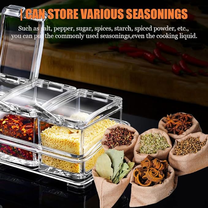 V·RESOURCING Clear Seasoning Box, 3 Pieces Seasoning Rack Spice Pots Storage Container for Spice Salt Sugar Cruet Liquid,Condiment Jars with 3 Spoons