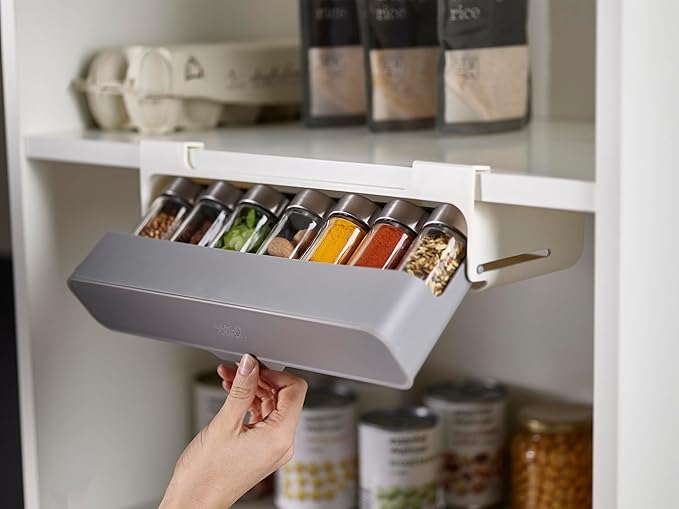 Joseph Joseph Spice Rack Organizer - Under-Shelf Kitchen Cabinet Storage Solution for Spices, Grey