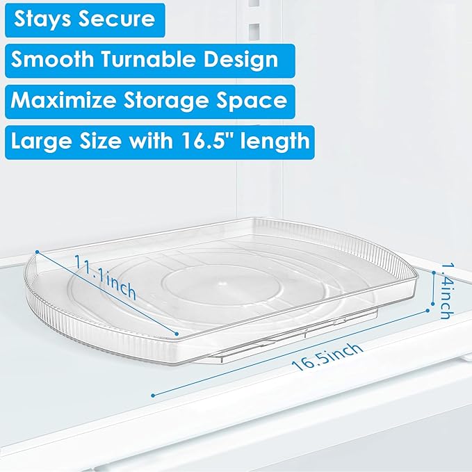 FIRJOY Lazy Susan Turntable for Refrigerator, Square Turntable Organizer for Fridge Cabinet, Pantry, Countertop | 16.5" x 11.1" (Rectangle 2 Pack - Clear)
