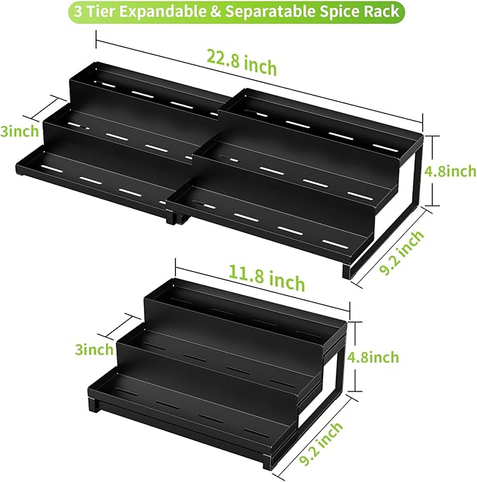 RCHYFEED Spice Rack Organizer for Cabinet, Set of 2 Metal 3 Tier Spice Rack Expandable Display Risers, Seasoning Organizer for Kitchen Cabinet Countertop Pantry Spice Organizer