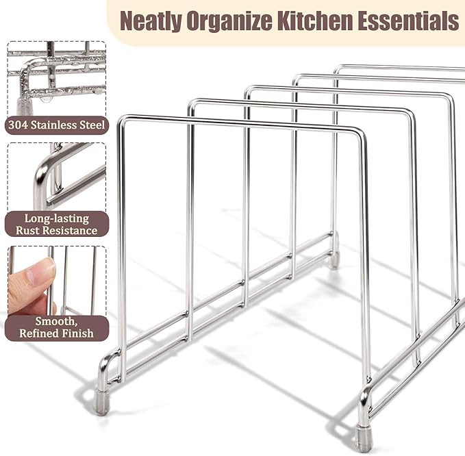 304 Stainless Steel Pot Lid Holder Cutting Board Pan Organizer, 2-Pack, Kitchen Rack for Baking Sheets, Plates, Trays, Counter Top Cabinet Drawer Cupboard Organization and Storage