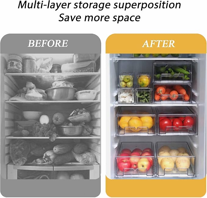 2 Pack Stackable Clear Storage Drawer,Refrigerator Organizers and Storage Drawer Pull Out Drawer for Fridge Kitchen Bathroom Cabinet Closet Office Clear