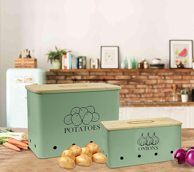 Potato Onion Kitchen Storage Canisters,Storage Bin For Kitchen 2 Pack Set,potatoe, Potato Storage Box,storage And Long Shelf Life With Aerating Tin Storage Holes-Green