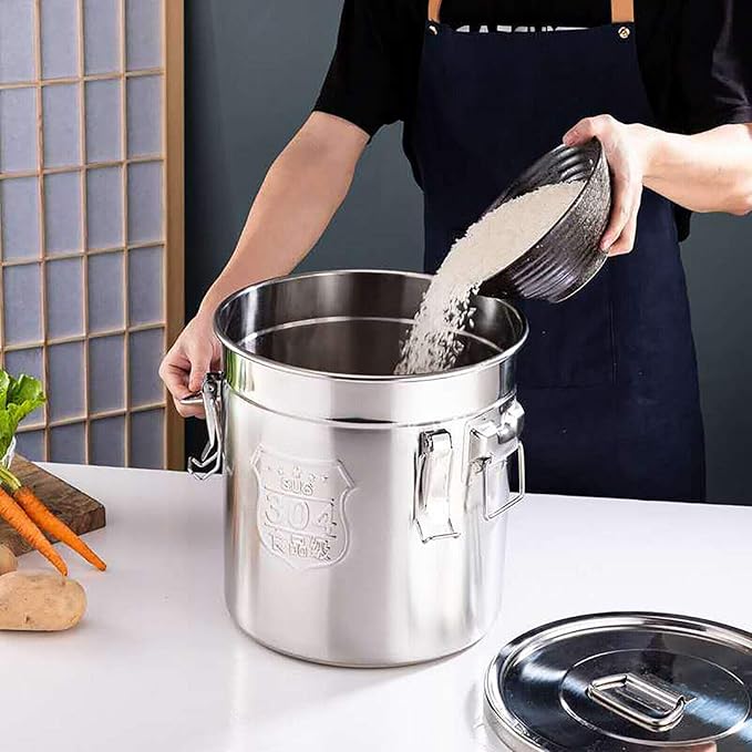 Stainless Steel Airtight Canister for Kitchen, Rice Cereal Grain Canisters Container for Household Kitchen Food Bean Flour Oil Sugar Milk Cookie Storager Bucket w/Handles Lid (12L)