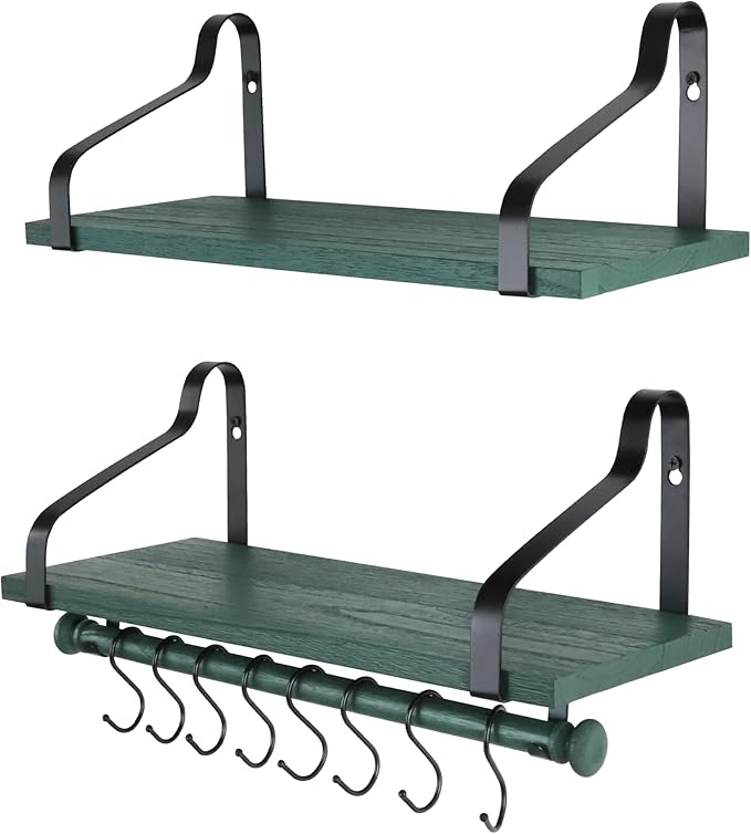 Gurfury Wooden Hanging Pot Rack with 8 hooks - Farmhouse Style Wall Mount Multifunctional Cookware Organizer Rack Kitchen Storage for Pans Utensils (Green)