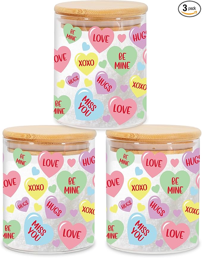 3Pcs Valentine Glass Storage Jars With Airtight Lid Pastel Conversation Heart Decorative Canisters Sets For Home Kitchen Countertop