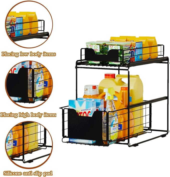 Under Sink Organizer Pull-out Kitchen Bathroom Organizer Spice Rack with Sliding Drawer, 2 Tier Storage Rack for Food Storage Room Makeup