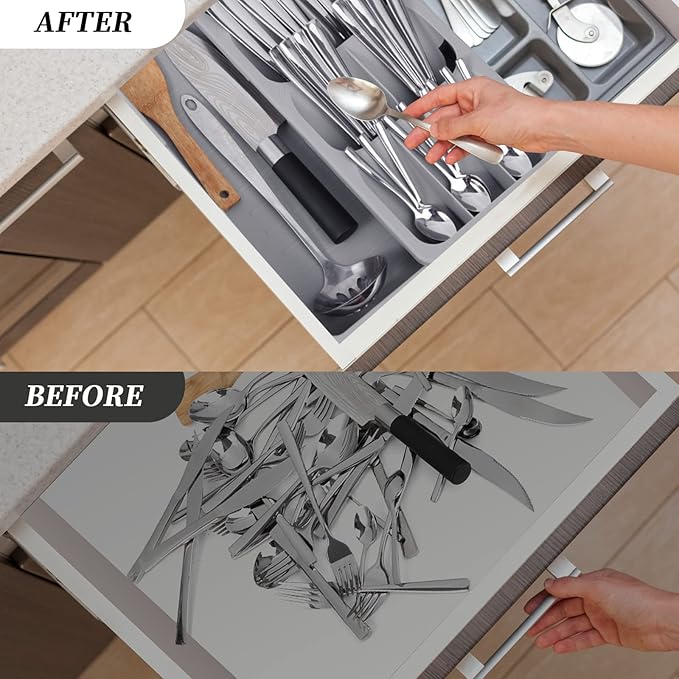 Faridabio Silverware Drawer Organizer Set of 2, Expandable Cutlery Tray for Kitchen, Adjustable Utensil Tray Cutlery Holder, Compact Plastic Storage for Spoons Forks Knives, Grey