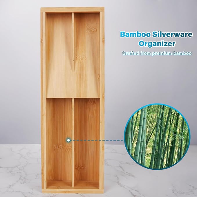 Bamboo Silverware Drawer Organizer, Kitchen Utensil Tray Holder Organizer, Drawer Storage Organization for Flatware, Cutlery, Spoon, Forks and Knives 4 Slots