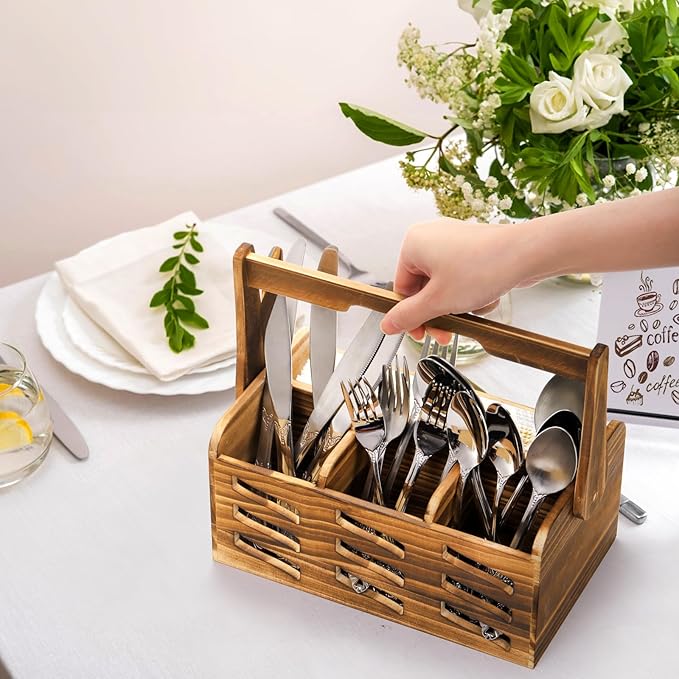 Silverware Caddy with Handle, Wooden Flatware Utensil Holder for Party, 4 Compartment Cutlery Organizer Napkin Storage for Countertop, Kitchen Bathroom Bedroom Decor, Camping Picnic
