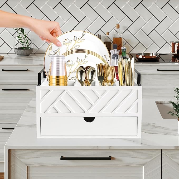 Paper Plate Dispenser with Drawer, Paper Plate Holder for Kitchen Counter, Wood Rustic Silverware Utensil Caddy, Cutlery Flatware Organizer for Cup Spoon Fork Plates Napkins, White Kitchen Accessories