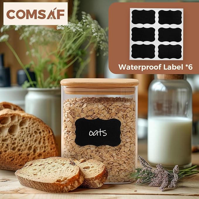 ComSaf 37oz Rectangle Glass Storage Containers with Lids, Glass Jars with Bamboo Lids, Clear Food Storage Jar, Sugar Coffee Containers, Pantry Container for Pasta Tea Candy Nut