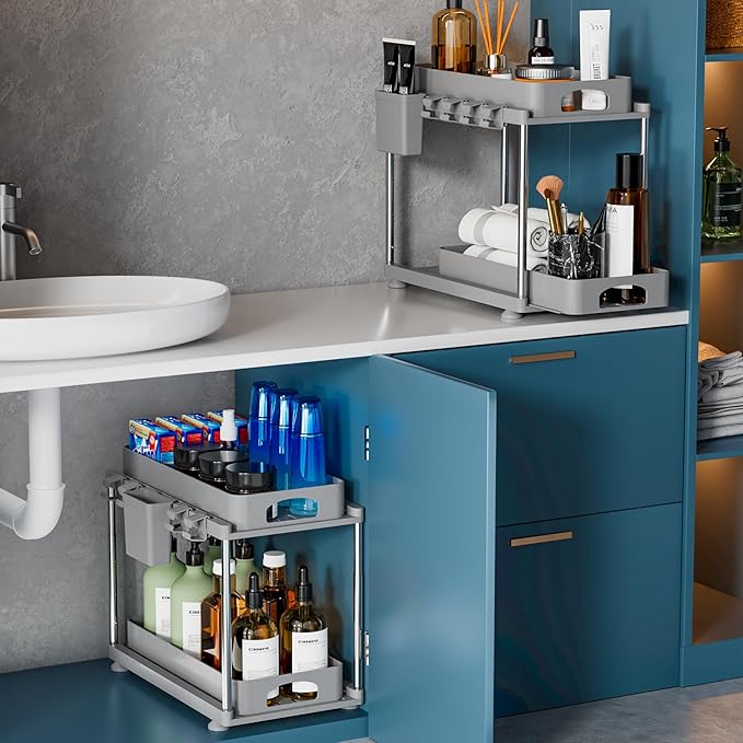Under Sink Organizers and Storage, 2 Pack Under Kitchen Bathroom Sink Organizer, 2 Tier Under Cabinet Pull Out Storage, Adjustable Under Counter Storage Organizer, Gray