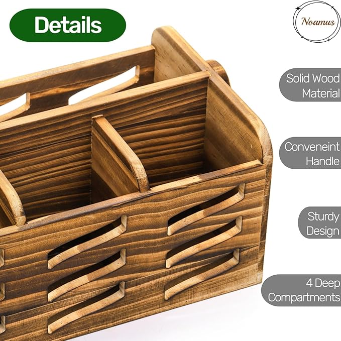 Silverware Caddy with Handle, Wooden Flatware Utensil Holder for Party, 4 Compartment Cutlery Organizer Napkin Storage for Countertop, Kitchen Bathroom Bedroom Decor, Camping Picnic