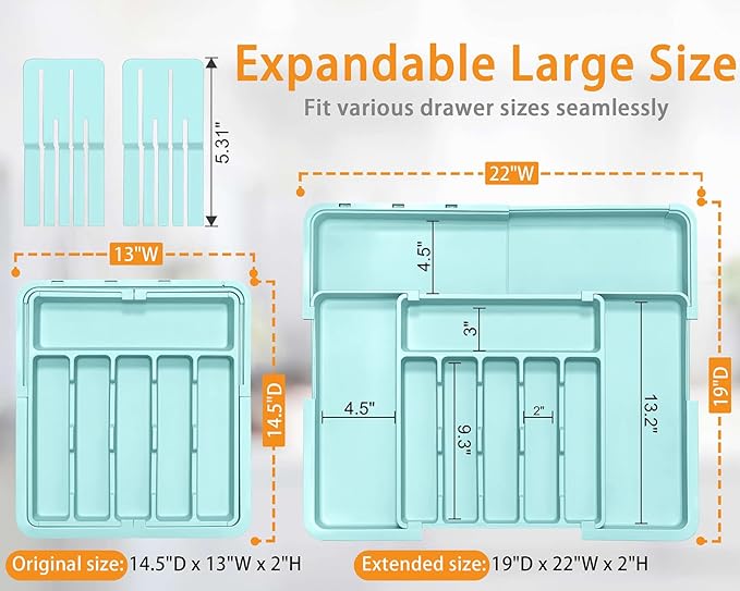 Homecor Silverware Organizer - Expandable Large Kitchen Drawer Organizer Utensil Organizer with 2 Knife Block Inserts, 22"x 19"Cutlery Tray with Drawer Dividers for Kitchen Flatware (Turquoise)