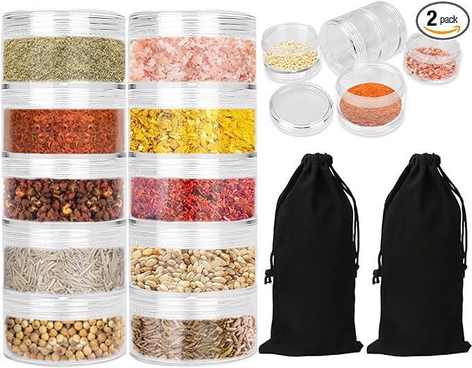 2 Sets 5 Layers Clear Portable Travel Spice Jars, Multi Camping Spice Containers with Organizer Bag, Stackable Spice Salt and Pepper Set for Outdoor Cooking, Camping, Traveling, Barbecuing