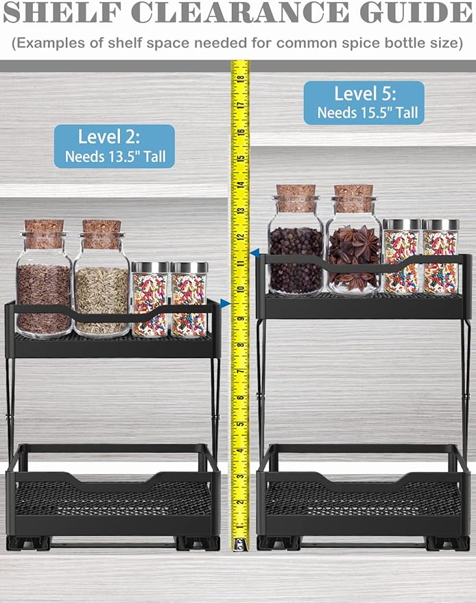 VOGWOLTH Pull Out Spice Rack Organizer, Collapsible Spice Rack Pull Out Drawer 2 Tier Height Adjustable Sliding Seasoning Shelf Kitchen Cabinet Pantry Closet Organizer Heavy Duty Metal (Large)